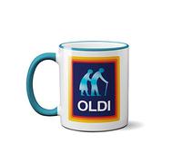 SMARTYPANTS Oldi Mug - Funny Old Age Joke 11oz Ceramic Coffee Tea Cup with Blue Handle - Novelty Birthday, Christmas or Retirement Gift for Him or Her - 60th 70th 80th