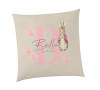 SmartyPants Personalised Pink Rabbit Natural Cushion - Animals Kids Peter Rabbit Inspired Baby Name Flowers Date Bedroom Child Home Decor Living Gifts Presents (Cushion Cover)