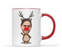 SMARTYPANTS Personalised Reindeer Photo Face Mug Tea Coffee Cup - Novelty Funny Merry Christmas Xmas Eve Rudolf Red Nose Santa Helper Festive Stocking Filler Present Gift (Red Handle Prime)