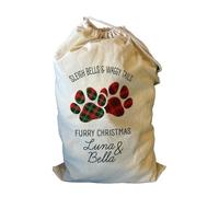 Smartypants Personalised Sleigh Bells & Waggy Tails Dog Christmas Sack Canvas Drawstring Present Bag Furry Christmas Plaid Paw Prints Gift Bag Pet Toy Storage Custom Name Natural Cotton