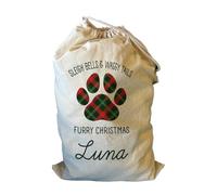 Smartypants Personalized Pet Christmas Sack, Large Canvas Dog Santa Bag with Plaid Paw Print, Custom Name Drawstring Pouch, Sleigh Bells & Waggy Tails Furry Christmas Design