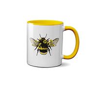 SMARTYPANTS Vintage Bee Print Mug - Artistic Bumble Bee Design Cup Presents Gifts Ideas Tea Coffee Novelty Heavy Duty Handle Dino Coated Dishwasher/Microwave Safe Sublimation Ceramic (Yellow Handle)
