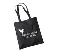 SmartyPants Wednesday's Child Tote Bag - Wednesday Addams Full of Woe Poem Goth Alternative Quote Dead Nevermore Academy Supernatural TV Cotton Shopper Gifts Presents (Black Prime)