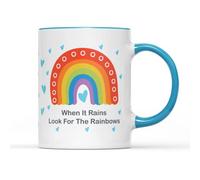 SMARTYPANTS When It Rains Look for Rainbows Blue Handle Coffee Tea Mug - Quotes Insirational Hearts Cute Motivational Home Drink Cup Kitchen Decor Gifts Presents (Blue Handle)