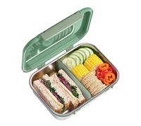 Smash 1.8L/61oz Microwave Safe Stainless Steel Bento Box with Green Hinged Lid - 2 Compartments with Movable Divider, Leak-Proof Clip Closure & Silicone Seal