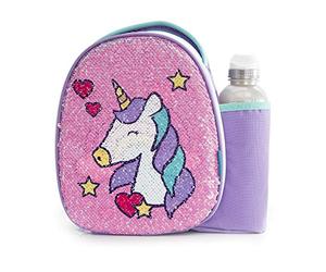 Smash 22841 Insulated, Polyester, 500 milliliters, Reverse Sequin Unicorn Lunch Bag and 500ml Bottle,8.5cm x 25.5cm x 25cm, Pink/ Purple
