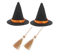 SMASOLO 2 Sets Mini Witch Hats and Natural Straw Brooms Halloween Decorations for Dollhouse Crafting and Micro Landscape Scenes
