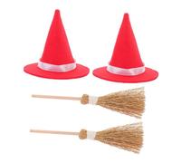 SMASOLO 2 Sets Miniature Witch Hat and Broom for Halloween Party Decoration Tiny Witch Accessories with Natural Straw Brooms and Red Hats for Dollhouse Decor and Cosplay Gatherings