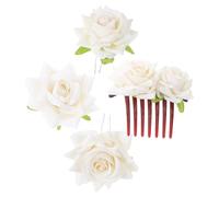 SMASOLO 4pcs Beige Rose Hair Clip Set with Fabric Brooch, 7-tooth Comb, 2 U-shaped Pins - Realistic Floral Hair Accessories for Brides, Weddings, and Party Hairstyles