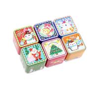 SMASOLO 6pcs Square Tinplate Iron Christmas Candy Storage Boxes, Xmas Cookie Boxes Lid, Small Festive Candy Jar Set for Holiday Packaging and Baking Random Style