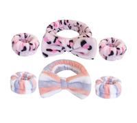SMASOLO 6pcs Women's Face Wash Headband and Wristband Set, Tie-dye Leopard Print Pink and Blue Red Stripe, Soft Fleece Sweat-absorbent Hair Bands for Spa, Makeup, and Skincare
