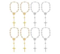 SMASOLO 8Pcs Gold and Silver Mini Rosary Bead Bracelets Set, Imitation Pearl Prayer Bracelets with Cross Charms for Women and Men, Baptism and Communion Religious Strand Accessories