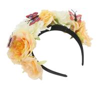 SMASOLO Vintage Mexican Flower Crown Headband with Lifelike Butterfly and Artificial Yellow Peony Retro Day Dead Cosplay Hair Accessory for Halloween and Themed Parties