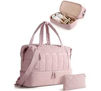 Smasrob Quilted Duffle Bag with Shoe Compartment and Wet Pocket, Weekender Duffel Bag With Laptop Sleeve and a Separate Pouch for Travel, Gym, Hospital Labor Delivery, Pink, Tote