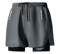 Smatstyle Swimming Trunks for Men 2-in-1 Quick-Drying Running Shorts Adjustable Drawstring Elastic Training Shorts, gray, L