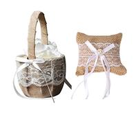 Smavles Wedding Ring Pillow Wedding Ring Cushion and Wedding Basket Flower Girl Baskets Romantic Jute Lace Bow Wedding Supply Decoration