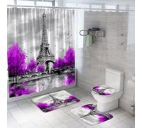 SMAZDFXX 4 Piece Eiffel Tower Shower Curtain Sets with Rugs,Toilet Lid Cover and Mat,Purple Romantic France Paris City Architectural Cultural Landmark Printing Bathroom Shower Curtain Set with Hooks
