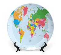 SMAZDFXX 8 Inch Decorative Plate, Map Dinner Plate, Colorful Political World Decor Europe America Asia Africa Print Ornament Display Plate Handmade Plate