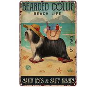 SMAZDFXX 8x12 Inch Animal Decors For Classroom Bearded Collie Beach Life Sandy Toes Salty Kisses Tin Sign Decor Vintage Chic Metal Poster Wall Decor Art For Living Room Bathroom Garage