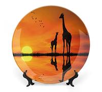 SMAZDFXX Animal Ceramic Stoneware, Two Giraffes with Reflection in Lake African Sunset Print Ornament Display Plate Decor Accessory for Dining, Parties, Wedding