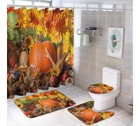 SMAZDFXX Bathroom Sets Fall Pumpkin, Blue Orange Leaves Floral Autumn Maple Leaf 4 Piece Shower Curtain with 12 Hooks, Bath Mat, U-Shaped Floor Mat, Toilet Lid Oval Rug