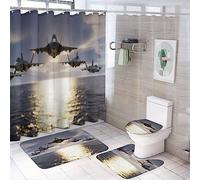 SMAZDFXX Coastal Fighter Airplane Shower Curtain Sets 4 Piece,Nautical Ocean Sun Rise American Aircraft Bathroom Decor Sets with Rugs Include Waterproof Non-Slip Toilet Lid Cover Bath Mat