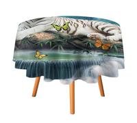 SMAZDFXX Cool White Tiger Tablecloths Round 60Inch Table Cloth,Fairy Tale Wild Animal Tiger Waterfall Butterfly Full Moon Table Cloths Washable for Indoor Outdoor Table Cover