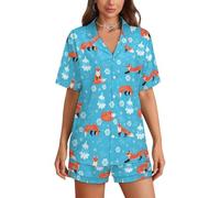 SMAZDFXX Cute Fox of Animal Pattern Women's Pajamas Sets Short Sleepwear V Neck Loungewear