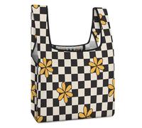SMAZDFXX Daisy Floral Black White Checkered Aztec Ethnic Pattern Collapsible Shopping Bag Reusable Grocery Tote Bag Storage Bags for Market Travel Camping