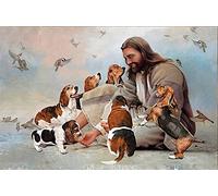 SMAZDFXX God and Basset Hound Dogs God Surrounded by Dog Angel God Dog Metal Sign Retro Vintage Poster Wall Art Decor 8X12 Inches