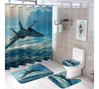 SMAZDFXX Modern Fighter Aircraft 4 Piece Shower Curtain Sets,Cool Nature White Clouds American Airplane Non-Slip Rugs,Toilet Lid Cover and Bath Mat,Durable and Waterproof,for Bathroom Decor Set