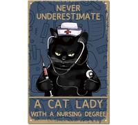 SMAZDFXX Never Underestimate a Cat Lady with a Nursing Vintage Metal Sign Home Decor 1pc 12×8 Inch for Home, Bathroom, Garden, Toilet, Bedroom, Bar, Cafe Iron Wall Decoration