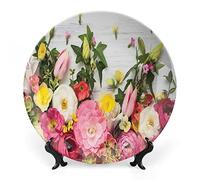 SMAZDFXX Rustic Dinner Plate, Lilac Flowers Bouquet on Wood Table Spring Nature Print Ceramic Display Plate for Decorative Ornaments Giving Plates
