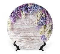 SMAZDFXX Rustic Dinner Plate, Lilac Flowers Bouquet on Wood Table Spring Nature Print Ceramic Display Plate for Decorative Ornaments Giving Plates