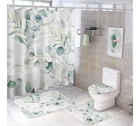 SMAZDFXX Sage Green Spring Floral 4 PCS, Eucalyptus Leaf Shower Curtain Sets with Rugs for Bathroom Decor, 72x72 in, Non-Slip Absorbent Rug, U-Shaped Bath Mat, Toilet Lid Cover