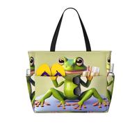 SMAZDFXX The funny frog doing yoga Patterned, large capacity beach bag, foldable tote bag, suitable for travel and shopping.