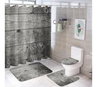 SMAZDFXX Wooden Planks Shower Curtain Set with Toilet Lid Cover and Non-Slip Rugs, Rustic Timber Oak 4 Pcs Shower Curtain for Bathroom Set with 12 Hooks, 72X72 Inches