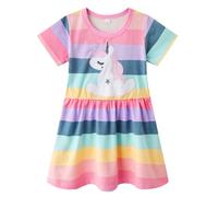 Smazero Little Girls Summer Dress Short Cotton Rainbow Stripe Unicorn Dresses for Girl's 2-7 Years Children Clothes