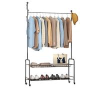 Smbcgdm Coat and Shoe Rack Clothing Garment Rack, Coat Rack Stand, Rolling Clothes Rack with 2 Tier Shoes Storage Shelves & 6 Hooks, Freestanding Wardrobe Closet Clothing Rack Black