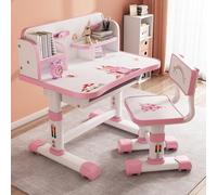 Smbcgdm Kids Study Desk Chair Set, Ergonomic Height Adjustable Children School Study Desk Chair Set with Cartoon Pattern, with Large Writing Board, Bookshelf, Book Bucket and Drawer Pink Style-E