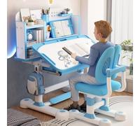 Smbcgdm Kids Study Desk Chair Set, Ergonomic Height Adjustable Children School Study Desk Chair Set, with Tiltable Desktop Large Writing Board, Bookshelf and Drawer, Foot Pedal Blue, Style-B