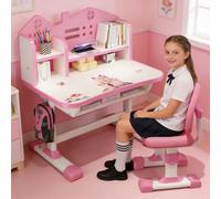 Smbcgdm Kids Study Desk Chair Set, Height Adjustable Children School Study Desk Chair Set, Ergonomic Desk Chairs with Large Writing Board, Bookshelf and Drawer Pink Style-F