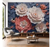 SMBHIAON 3D Mural Photo Wallpaper - 3D Relief Flowers White Peony Blue Leaves Backdrop Wall Interior Decor Wallpaper, 3D Panel Bathroom Restaurant Hall Hallway Wall Art 450 × 315 cm