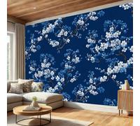 SMBHIAON 3D Mural Photo Wallpaper - Blue White Porcelain Style White Cherry Blossoms Backdrop Wall Interior Decor Wallpaper, 3D Panel Bathroom Restaurant Hall Hallway Wall Art 200 × 140 cm
