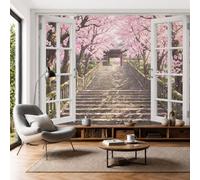 SMBHIAON 3D Mural Photo Wallpaper - Courtyard Landscape Cherry Blossom Tunnel Window View Wall Interior Decor Wallpaper, 3D Panel Bathroom Restaurant Hall Hallway Wall Art,Gray Purple 200 × 140 cm