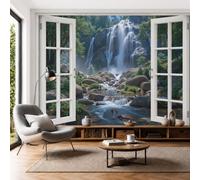 SMBHIAON 3D Mural Photo Wallpaper - Forest Scenery Waterfall Giant Rock Window View Wall Interior Decor Wallpaper, 3D Panel Bathroom Restaurant Hall Hallway Wall Art,Greenish-Brown 200 × 140 cm