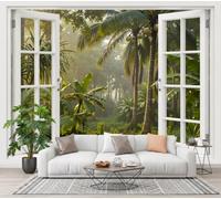 SMBHIAON 3D Mural Photo Wallpaper - Tropical Jungle Window View Coconut Trees Light Shadow Backdrop Wall Interior Decor Wallpaper, 3D Panel Bathroom Restaurant Hall Hallway Wall Art 350 × 256 cm