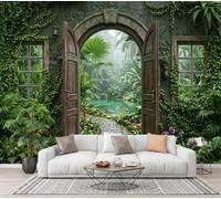 SMBHIAON 3D Mural Photo Wallpaper - Tropical Rainforest Vines Koi Pond Wall Interior Decor Wallpaper, 3D Panel Bathroom Restaurant Hall Hallway Wall Art,Dark Green 300 × 210 cm