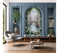SMBHIAON 3D Mural Photo Wallpaper - Water City Window View Arched Windows Canals Wall Interior Decor Wallpaper, 3D Panel Bathroom Restaurant Hall Hallway Wall Art,Gray-Blue 450 × 315 Cm
