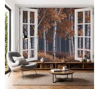 SMBHIAON 3D Panoramic Custom Brown Wallpaper Murals, Autumn Forest Poplar Grove Window View Wall Murals, Modern Living Room Kitchen Dining Room Bedroom Wall Mural Wallpaper 450 × 315 cm